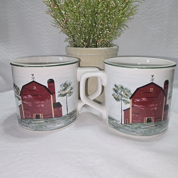 Tienshan Stoneware Prairie Mug Set Red Barn Design Rustic - Picture 2 of 7